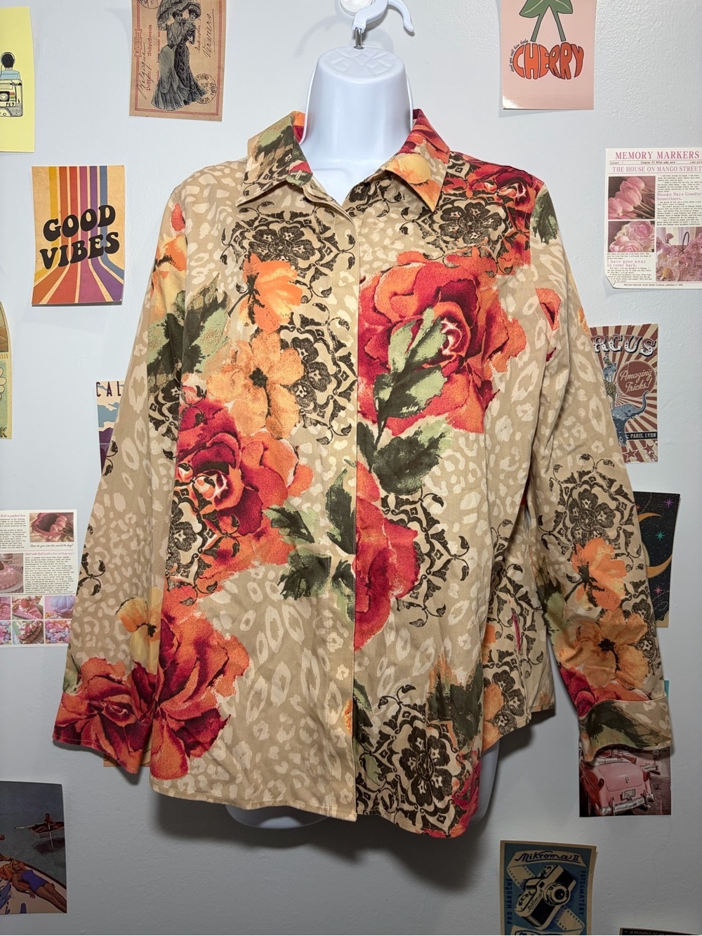 Chico's Coral, Olive & Cream Floral Blouse